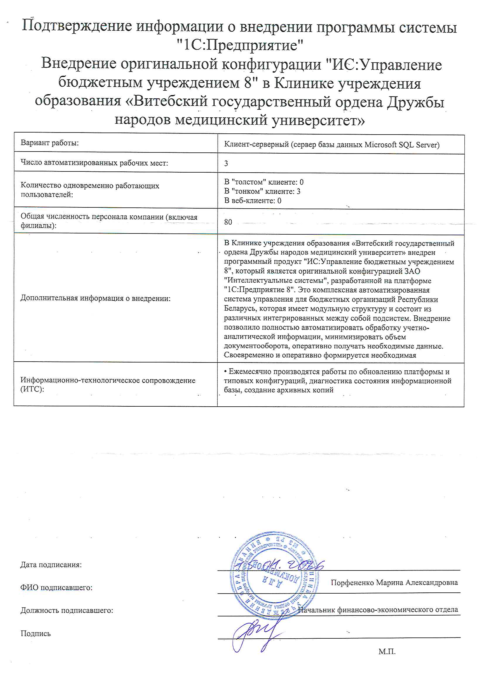 отзыв Внедрение 1С в Клинике Учреждения образования "Витебский государственный ордена Дружбы народов медицинский университет" о компании Интеллектуальные системы