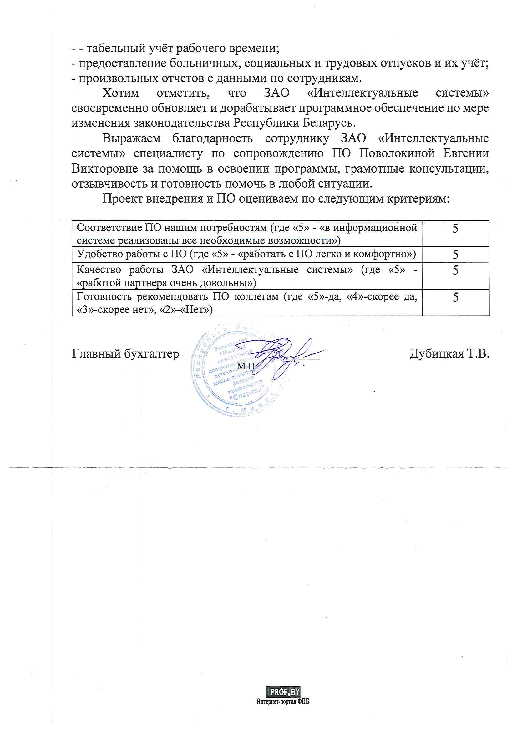 отзыв Внедрение 1С в Учреждении «Минская центральная специализированная детско-юношеская школа олимпийского резерва профсоюзов «Спартак» о компании Интеллектуальные системы