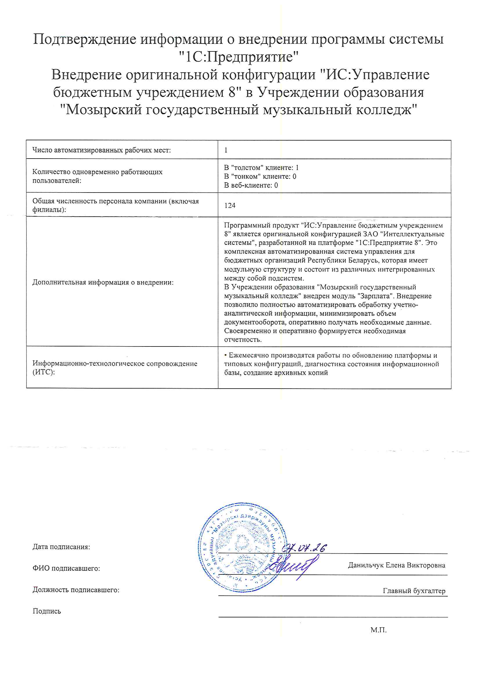 отзыв Внедрение 1С в Учреждении образования"Мозырский государственный музыкальный колледж" о компании Интеллектуальные системы
