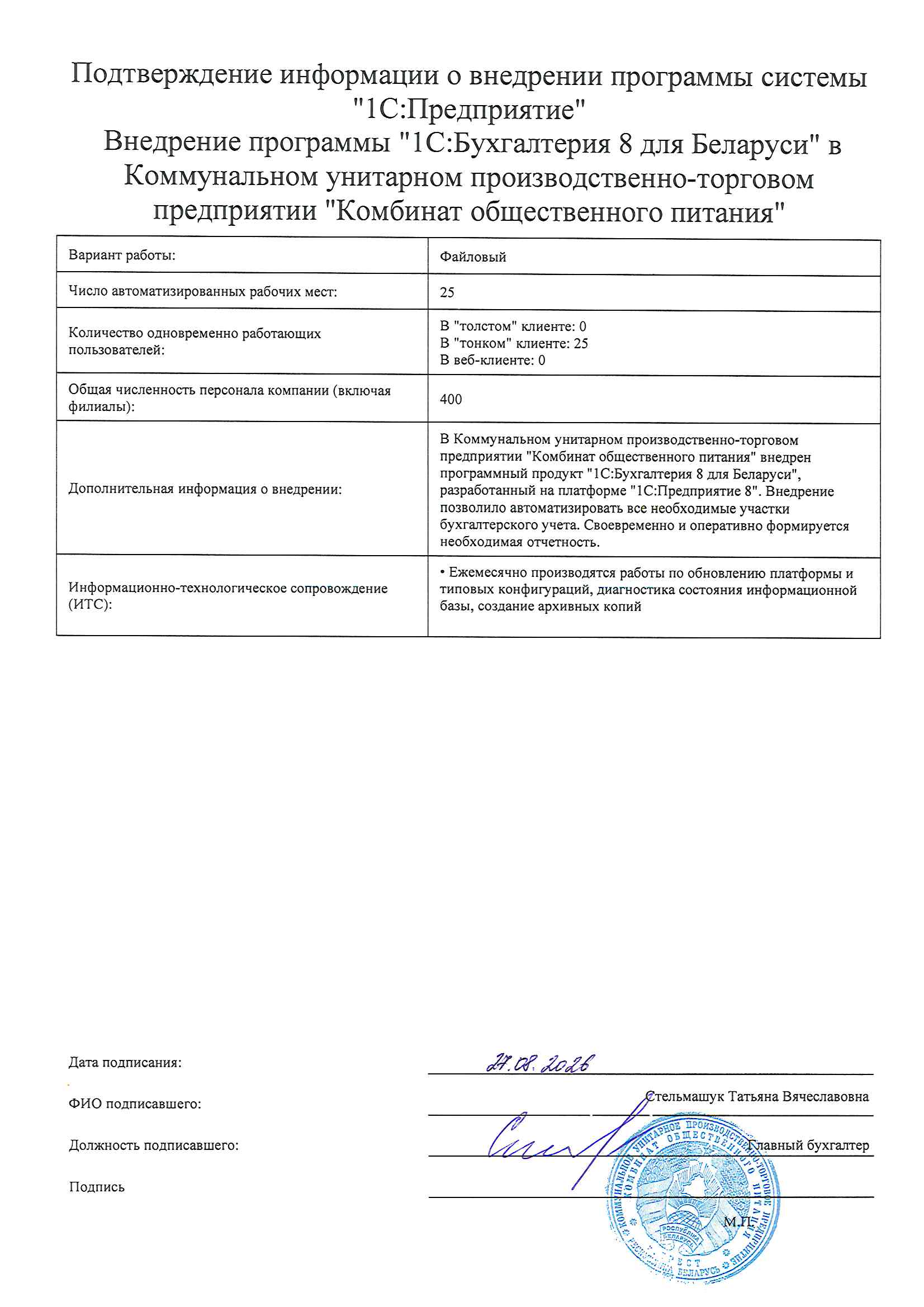отзыв Внедрение 1С в Коммунальном унитарном производственно-торговом предприятии "Комбинат общественного питания" о компании Интеллектуальные системы