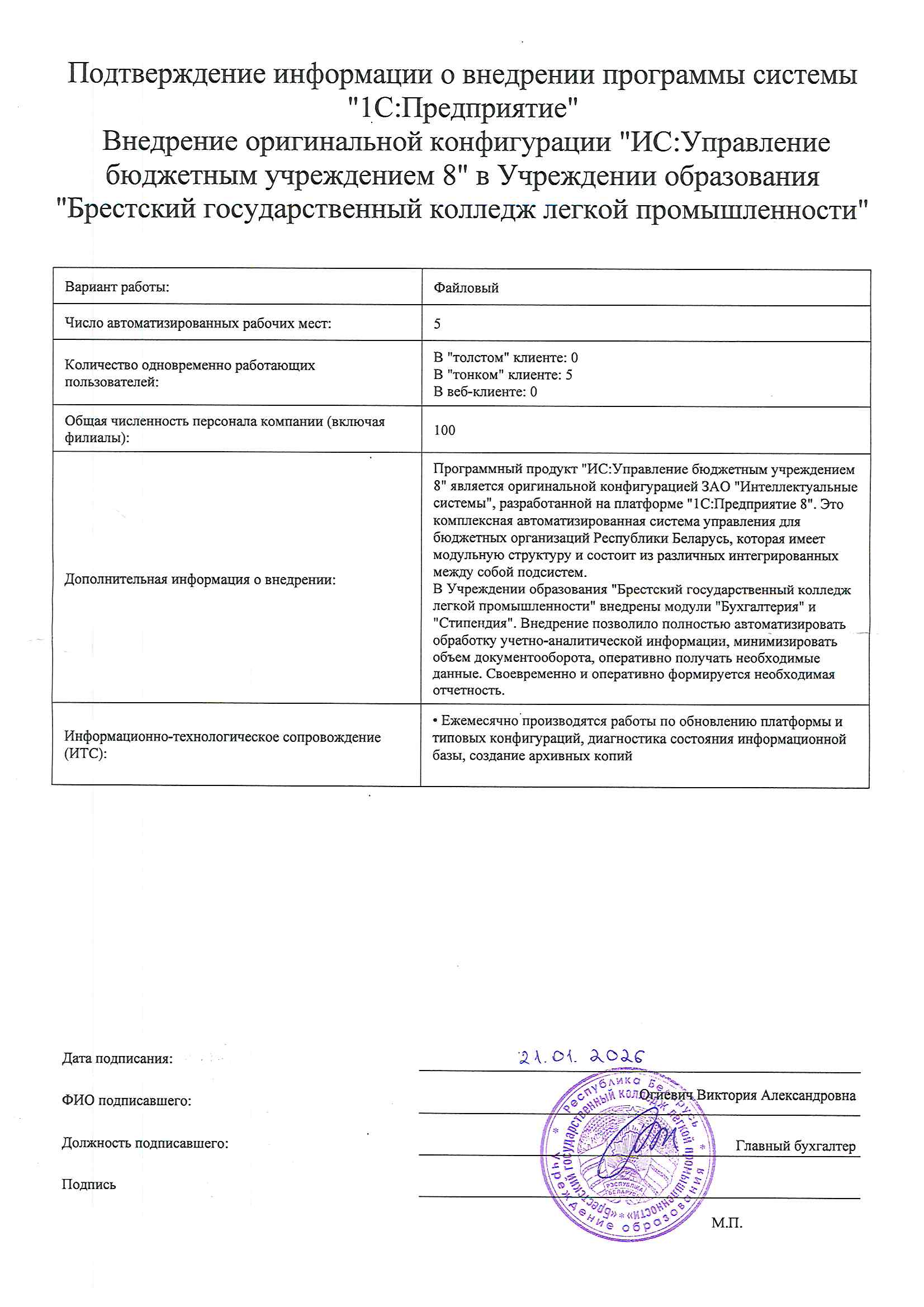 отзыв Внедрение 1С в Учреждении образования "Брестский государственный колледж легкой промышленности" о компании Интеллектуальные системы