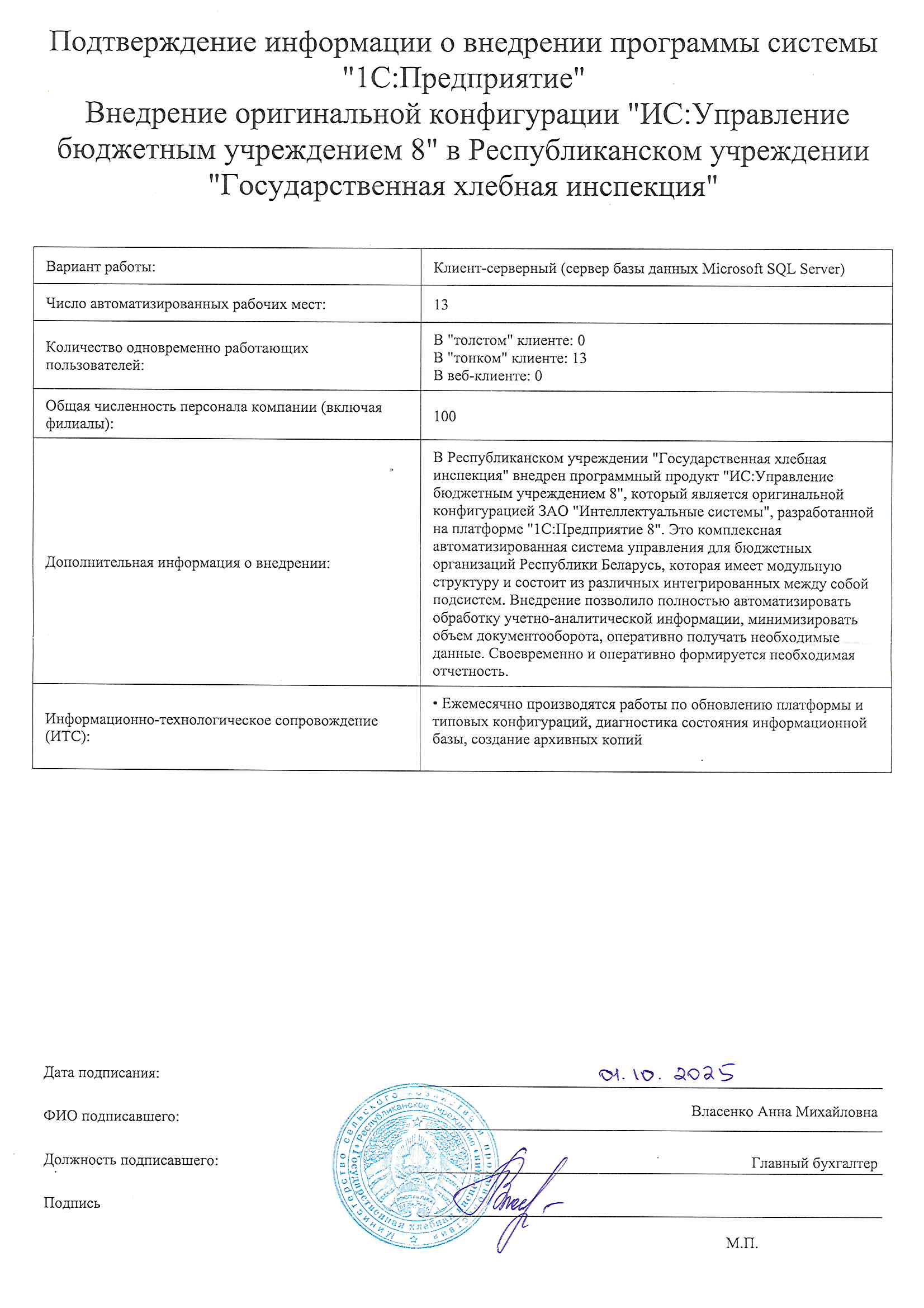 отзыв Внедрение 1С в Республиканском учреждении "Государственная хлебная инспекция" о компании Интеллектуальные системы