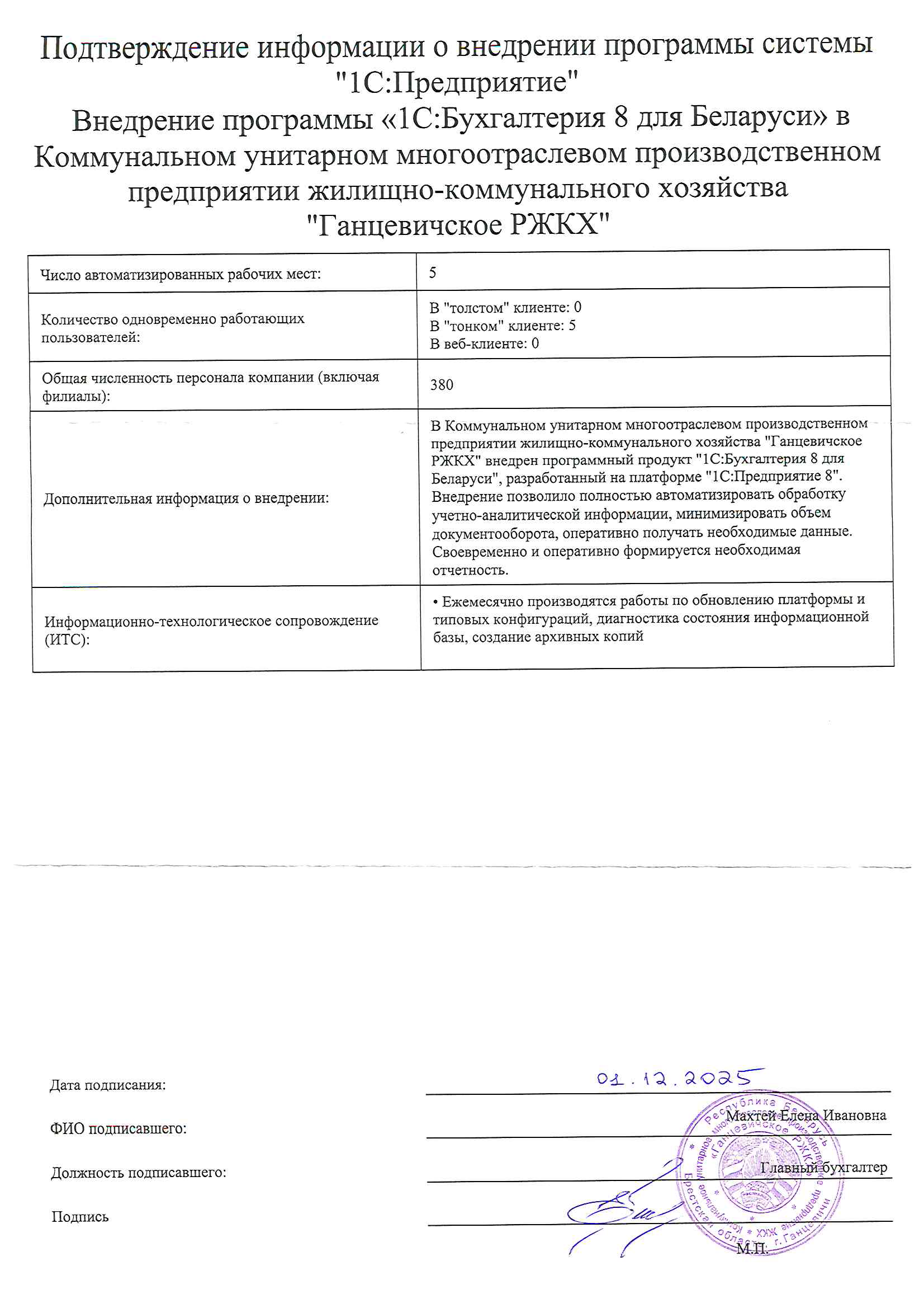 отзыв Внедрение 1С в Коммунальном унитарном многоотраслевом производственном предприятии жилищно-коммунального хозяйства "Ганцевичское РЖКХ" о компании Интеллектуальные системы