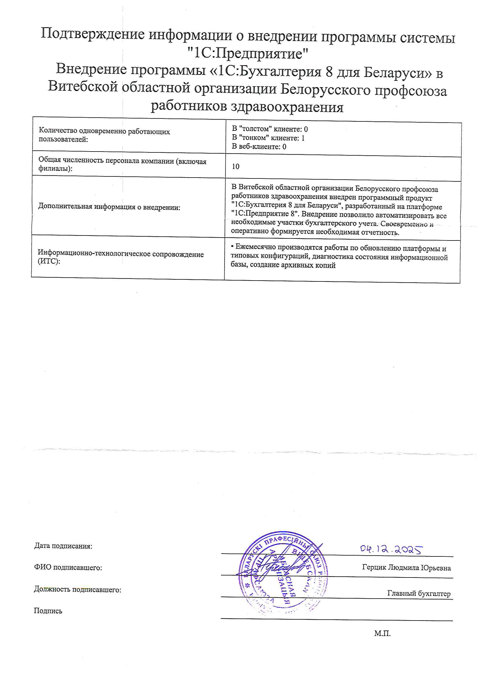 отзыв Внедрение 1С в Витебской областной организации Белорусского профсоюза работников здравоохранения о компании Интеллектуальные системы