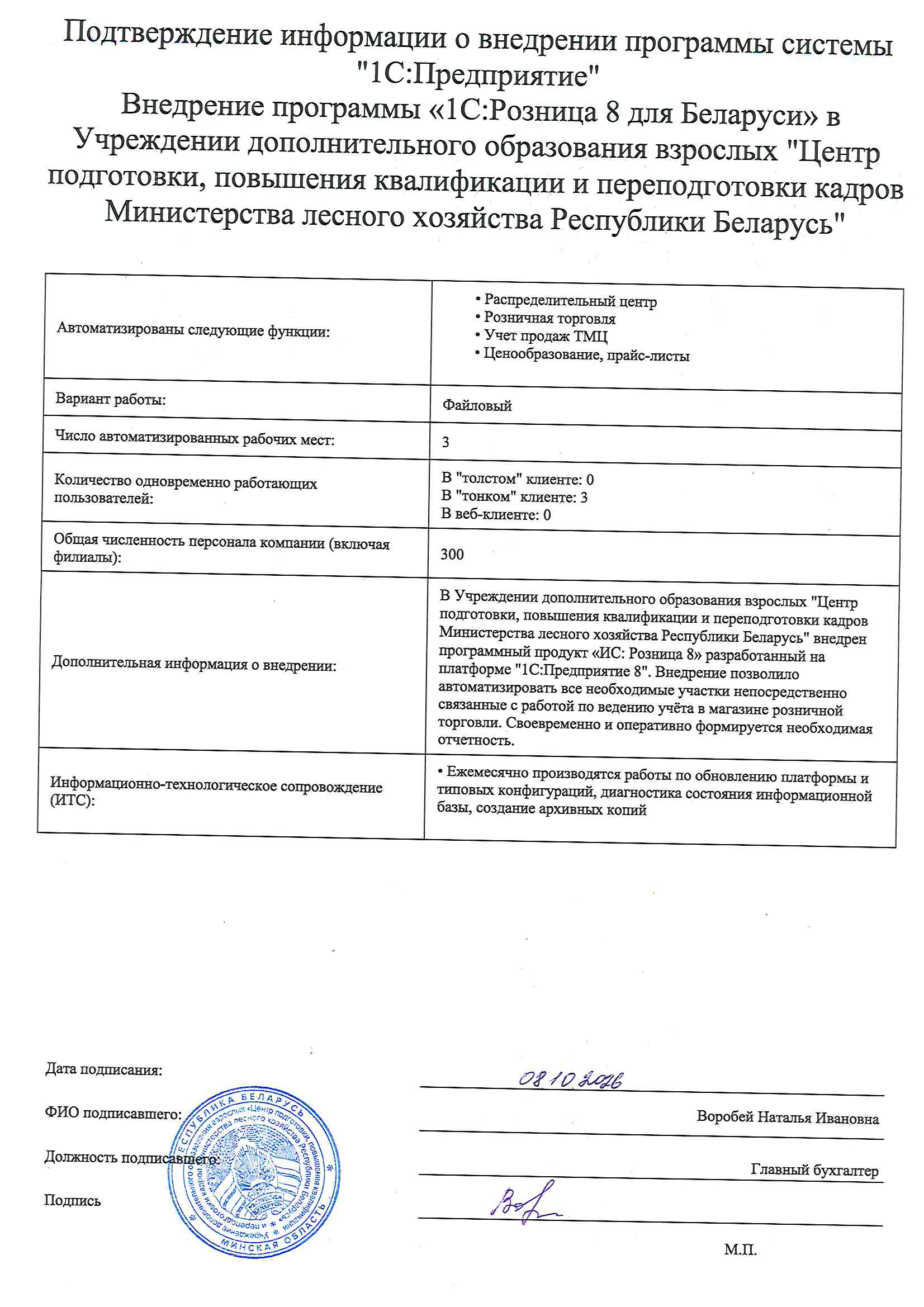 отзыв Внедрение 1С в Учреждении дополнительного образования взрослых "Центр подготовки, повышения квалификации и переподготовки кадров Министерства лесного хозяйства Республики Беларусь" о компании Интеллектуальные системы