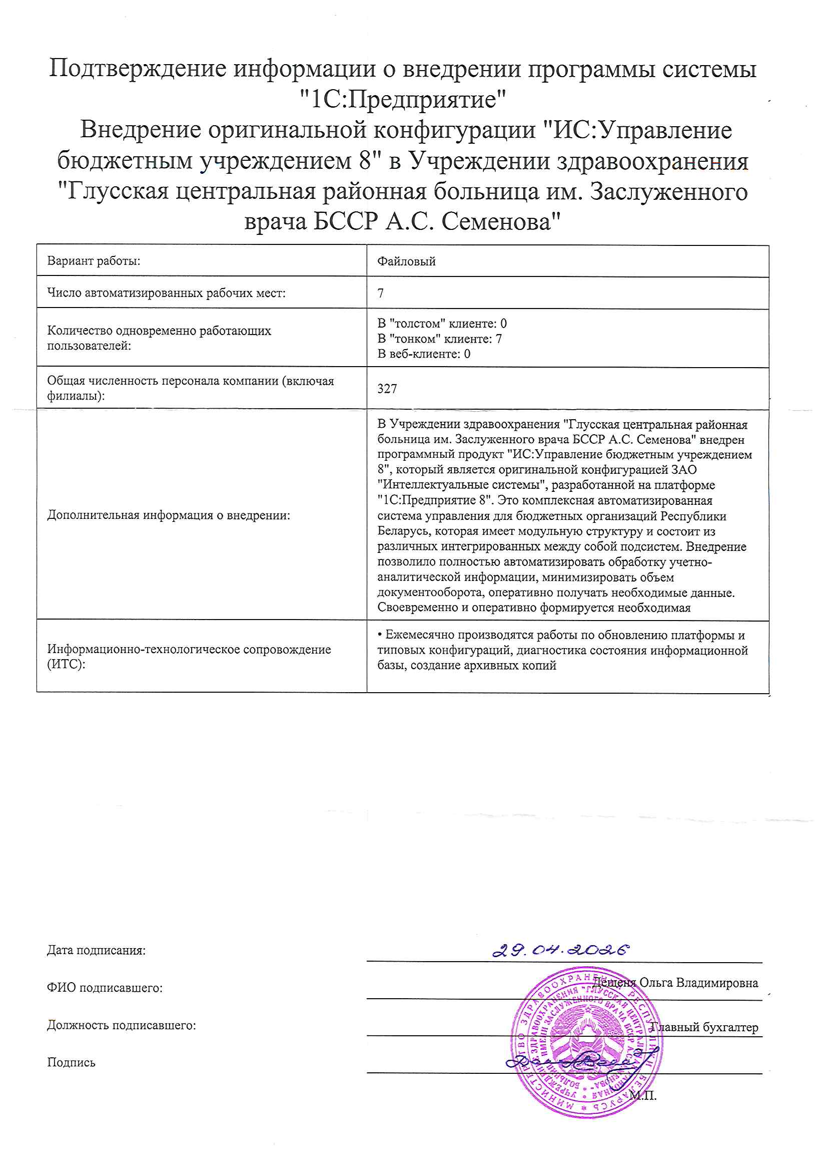 отзыв Внедрение 1С в Учреждение здравоохранения "Глусская центральная районная больница им. Заслуженного врача БССР А.С. Семенова" о компании Интеллектуальные системы