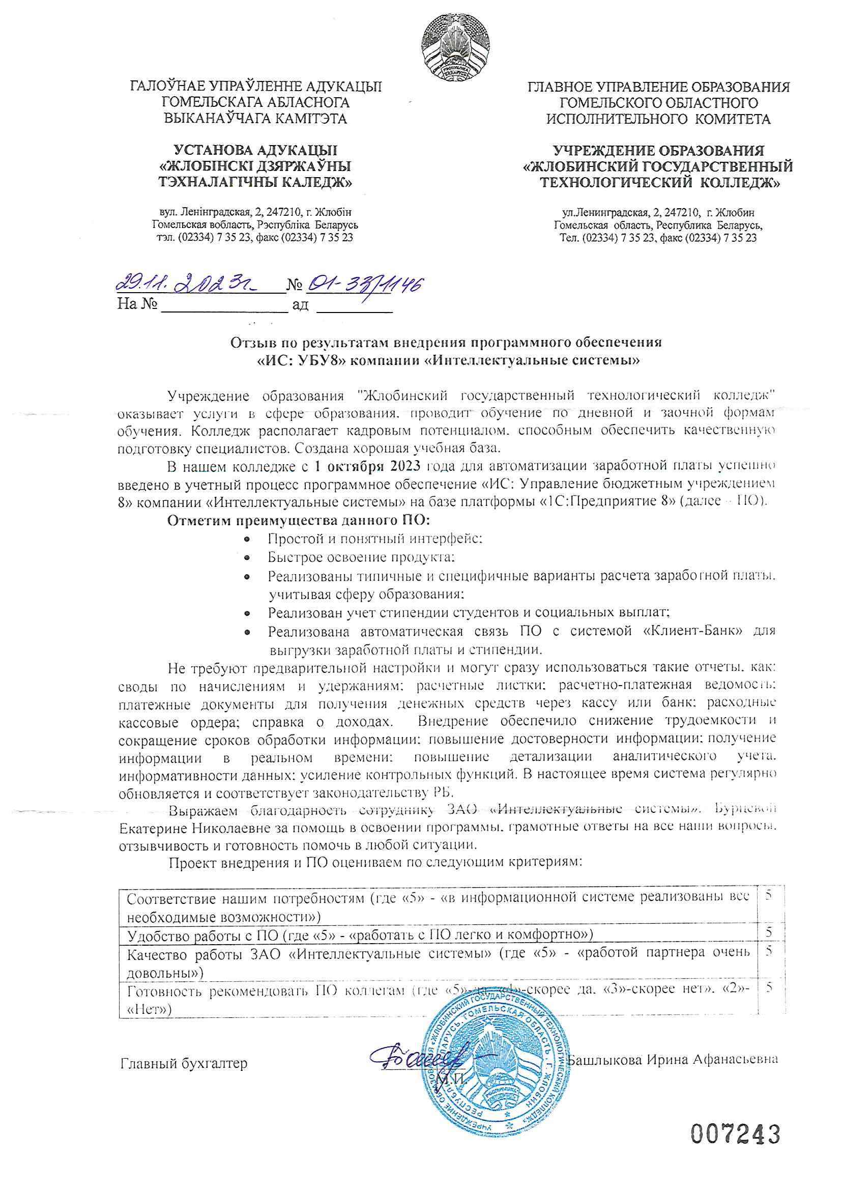 отзыв Жлобинский государственный технологический колледж о компании Интеллектуальные системы