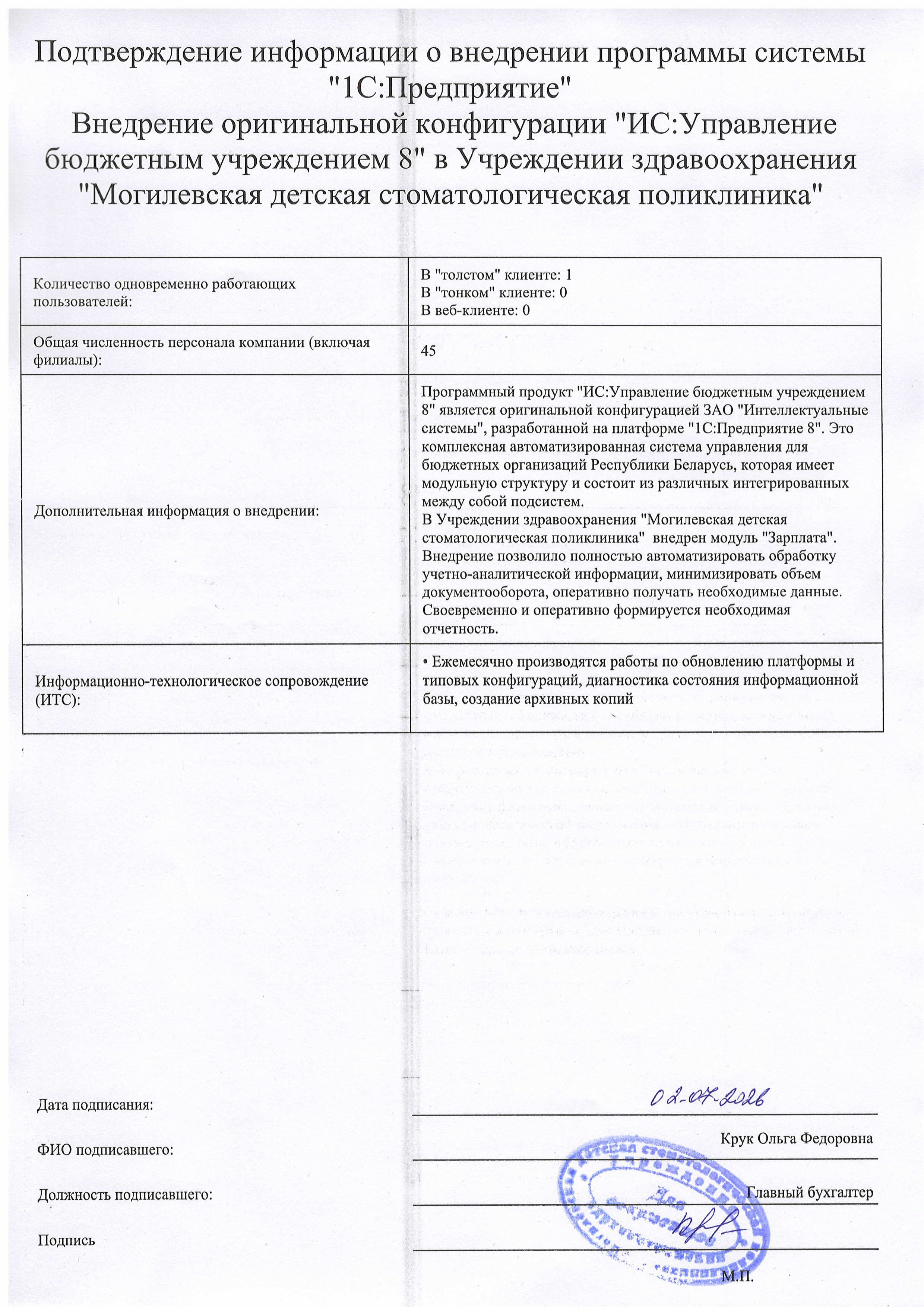 отзыв Внедрение 1С в Учреждениеи здравоохранения "Могилевская детская стоматологическая поликлиника" о компании Интеллектуальные системы
