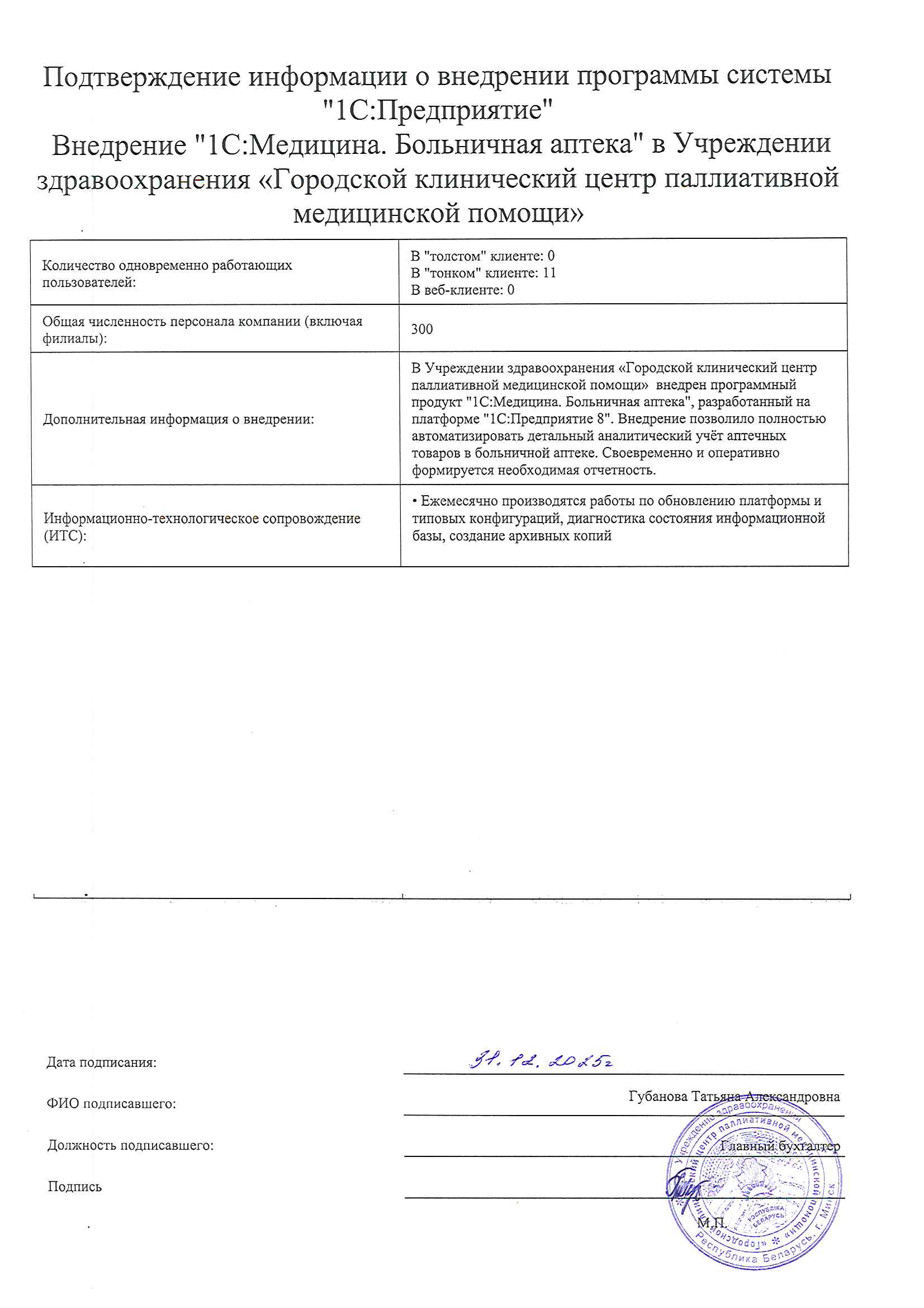 отзыв Внедрение 1С в Учреждении здравоохранения «Городской клинический центр паллиативной медицинской помощи»  о компании Интеллектуальные системы